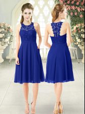 Custom Designed Knee Length Royal Blue Dress for Prom Chiffon Sleeveless Lace