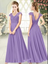 Chic V-neck Cap Sleeves Prom Dresses Ankle Length Lace Lavender Chiffon