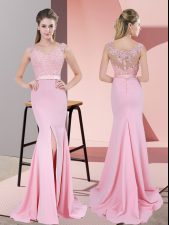  Baby Pink Mermaid V-neck Sleeveless Chiffon Sweep Train Zipper Lace and Appliques Prom Gown