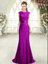 Shining Sleeveless Sweep Train Backless Prom Gown in Eggplant Purple and Purple with Beading and Lace