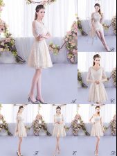 Suitable Champagne Short Sleeves Lace Mini Length Quinceanera Court of Honor Dress