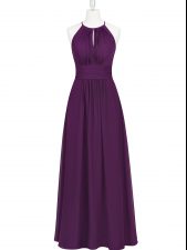 Flare Purple Sleeveless Floor Length Ruching Homecoming Dress