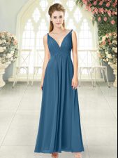 Fine Blue Empire Ruching Prom Evening Gown Backless Chiffon Sleeveless Ankle Length