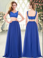 Noble Two Pieces Prom Dresses Royal Blue Straps Chiffon Sleeveless Floor Length Zipper