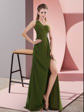  Olive Green Empire One Shoulder Sleeveless Chiffon Floor Length Backless Beading 