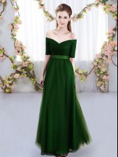  Floor Length Green Quinceanera Court of Honor Dress Tulle Short Sleeves Ruching