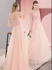  Floor Length Lace Up Evening Dress Pink for Prom and Party and Military Ball with Beading and Lace and Appliques