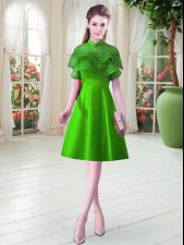 Fine Green A-line High-neck Cap Sleeves Satin Knee Length Lace Up Ruffled Layers Dress for Prom