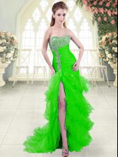 Beautiful Green Mermaid Sweetheart Sleeveless Organza Brush Train Lace Up Beading and Ruffled Layers Dress for Prom