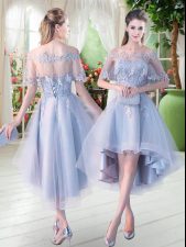 Dazzling Off The Shoulder Half Sleeves Tulle Prom Dresses Appliques Lace Up