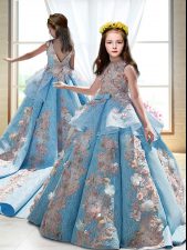  Court Train Ball Gowns Little Girl Pageant Gowns Blue High-neck Satin Sleeveless Backless