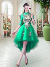  Turquoise High-neck Zipper Appliques Prom Dresses Half Sleeves