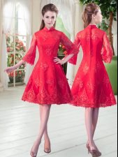 Pretty Red High-neck Zipper Lace Prom Dress 3 4 Length Sleeve