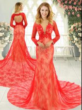 Latest Mermaid Long Sleeves Red Evening Dress Court Train Backless