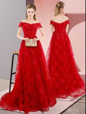  Red Sleeveless Tulle Sweep Train Lace Up for Prom and Party and Military Ball