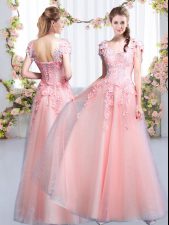 Most Popular Pink Cap Sleeves Beading and Appliques Floor Length Dama Dress for Quinceanera