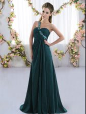 Latest Peacock Green One Shoulder Lace Up Beading Quinceanera Court of Honor Dress Brush Train Sleeveless