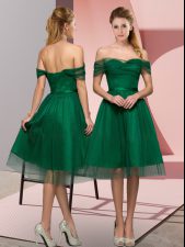  Green A-line Off The Shoulder Sleeveless Tulle Tea Length Lace Up Beading and Lace Dress for Prom