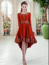  Red A-line Scoop Long Sleeves Satin High Low Lace Up Embroidery Prom Evening Gown