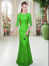 Adorable Green Half Sleeves Floor Length Lace Zipper Prom Dresses