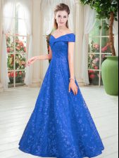  Sleeveless Floor Length Beading Lace Up Prom Dress with Blue