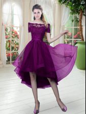  Lace Homecoming Dress Purple Lace Up Short Sleeves High Low