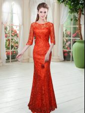 Hot Selling Orange Red Scoop Zipper Lace Prom Gown Half Sleeves