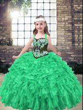 Custom Design Green Lace Up Child Pageant Dress Embroidery and Ruffles Sleeveless Floor Length