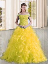 Elegant Yellow Sleeveless Organza Sweep Train Lace Up Vestidos de Quinceanera for Military Ball and Sweet 16 and Quinceanera