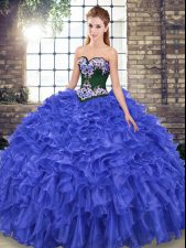  Royal Blue Sleeveless Organza Sweep Train Lace Up Sweet 16 Dress for Military Ball and Sweet 16 and Quinceanera