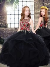  Black Zipper Little Girls Pageant Dress Embroidery and Ruffles Sleeveless Floor Length