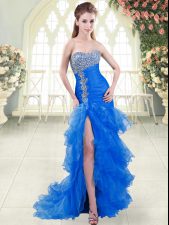 Exceptional Sweetheart Sleeveless Organza Homecoming Dress Beading and Ruffled Layers Sweep Train Lace Up