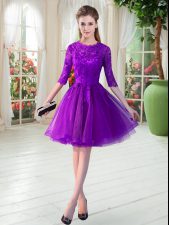 Knee Length Purple Prom Gown Scalloped Half Sleeves Zipper