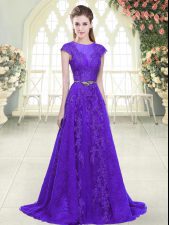 Customized Purple Prom Gown Prom and Party with Lace and Appliques Scoop Cap Sleeves Brush Train Zipper