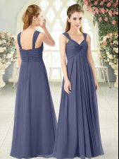  Blue Zipper Prom Party Dress Ruching Sleeveless Floor Length