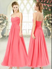  Sweetheart Sleeveless Prom Gown Ankle Length Ruching Watermelon Red Chiffon