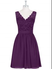  Mini Length Purple Dress for Prom Chiffon Sleeveless Lace
