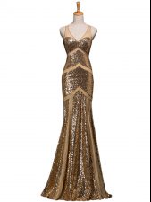 Extravagant Sweep Train Mermaid Prom Party Dress Brown V-neck Sequined Sleeveless Backless