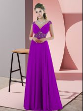 Chic Purple Sleeveless Sweep Train Beading Prom Evening Gown