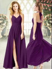  Chiffon Halter Top Sleeveless Backless Ruching Homecoming Dress in Purple
