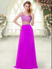 Purple Chiffon Zipper Straps Sleeveless Floor Length Evening Dress Beading
