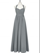 Exquisite Grey Prom Evening Gown Prom and Party with Ruching Halter Top Sleeveless Zipper