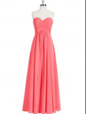 Latest Floor Length Zipper Dress for Prom Watermelon Red for Prom and Party with Ruching