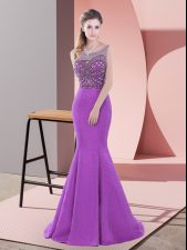 Trendy Sweep Train Mermaid Prom Dress Purple Scoop Satin Sleeveless Backless