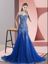  Royal Blue Sleeveless Tulle Brush Train Backless Dress for Prom for Prom and Party and Military Ball