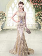  Sleeveless Beading Zipper Dress for Prom with Gold Brush Train