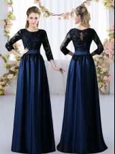 New Arrival 3 4 Length Sleeve Floor Length Lace Zipper Quinceanera Court Dresses with Navy Blue