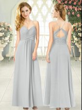 Sophisticated Grey Empire Chiffon Spaghetti Straps Sleeveless Ruching Ankle Length Criss Cross Prom Dresses