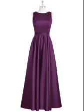 Dynamic Eggplant Purple Scoop Neckline Ruching and Pleated Dress for Prom Sleeveless Backless