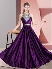  Purple Sleeveless Floor Length Beading Zipper Evening Dress